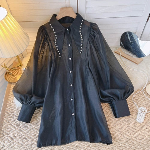 Kvinnors Blus Monokrom Chiffong med Klockärmar-3