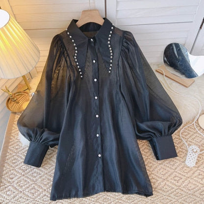 Kvinnors Blus Monokrom Chiffong med Klockärmar-3