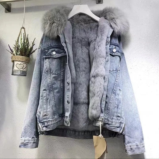 Damjacka Denim med Syntetisk Pälskrage Vindtät Avslappnad Passform-1