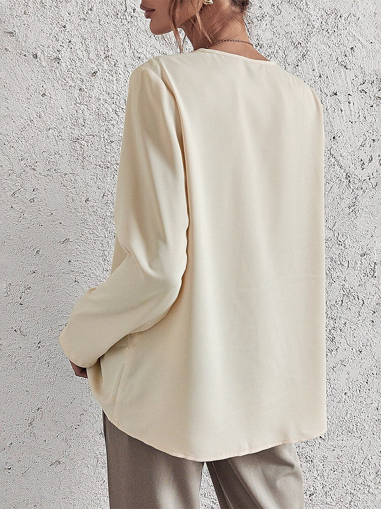 Dam Blus V-ringning Avslappnad Mjuk Bomull-3