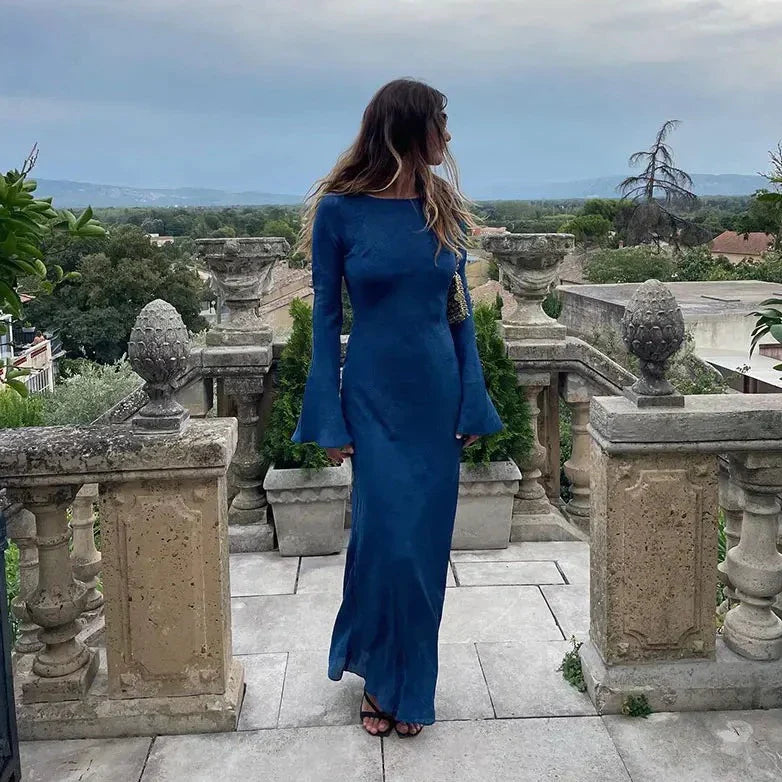 Dam Maxiklänning Långa Ärmar Trumpetskärning Lätta Tyger-2