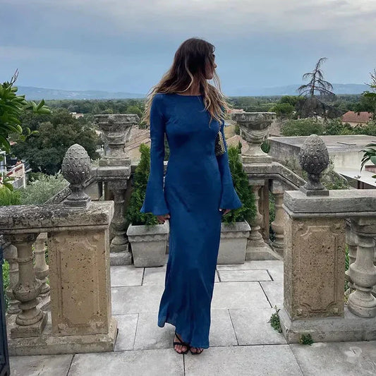 Dam Maxiklänning Långa Ärmar Trumpetskärning Lätta Tyger-1