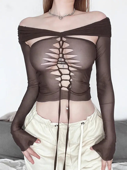 Dam Crop Top Ihålig Design Polyester Trendig Short Sleeve-1