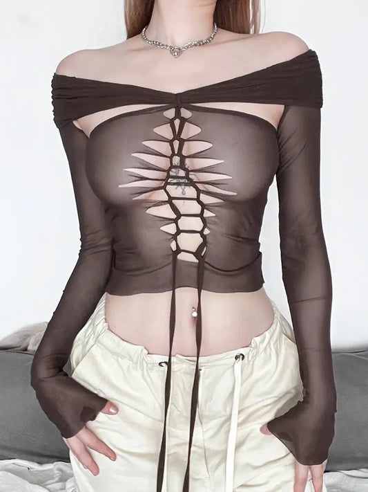 Dam Crop Top Ihålig Design Polyester Trendig Short Sleeve-1