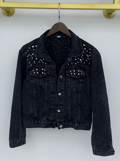 Jeansjacka Dam med Pärldekoration Avslappnad Denim 6