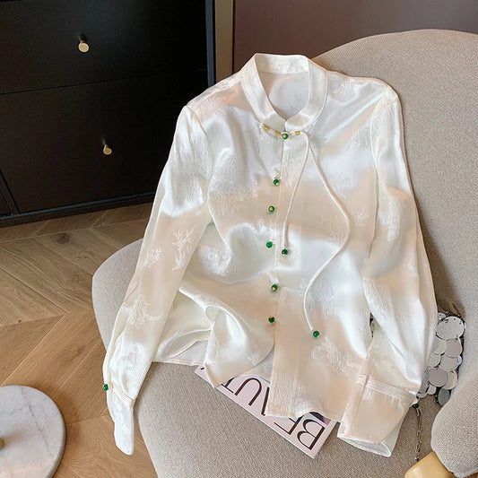Dam Blus Satin Full Ärmlängd Elegant Komfortabel-1
