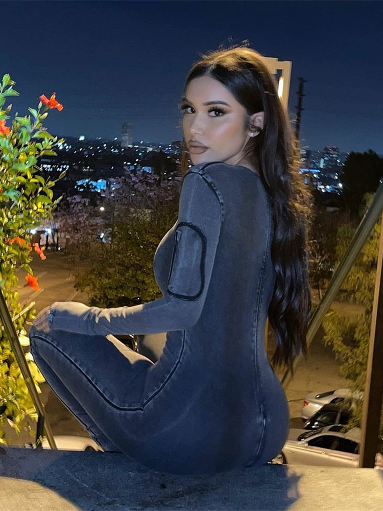 Dam Jumpsuit Mörk Denim Enkel Design Smal Passform-5