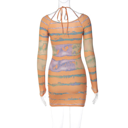 Kvinna Miniklänning V-ringning Randig Polyester Spandex-5