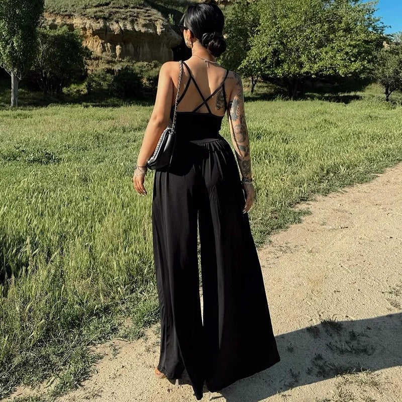 Dam Jumpsuit Avslappnad Polyester och Bomull Bred Byxdesign Komplett Längd-3