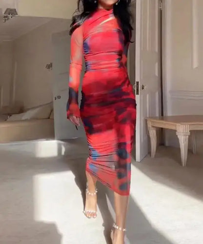 Kvinna Klänning Batikdesign Polyester Kalvlängd-2