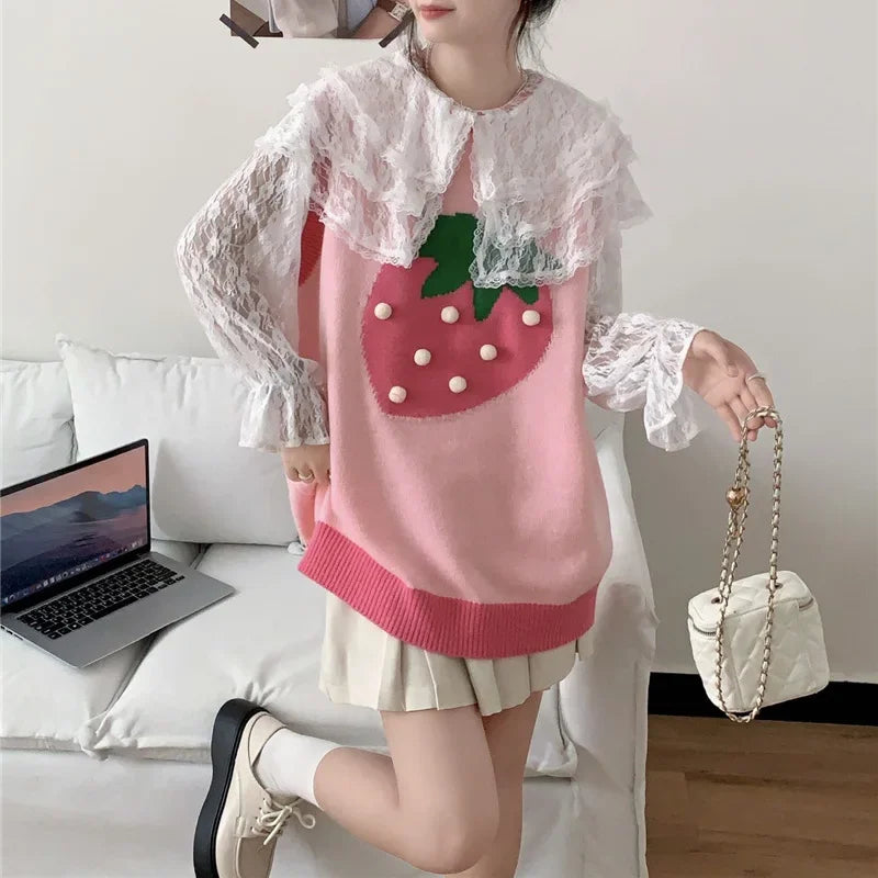 Kvinnors Stickad Väst Med Jordgubbsbroderi Avslappnad Akryl-4