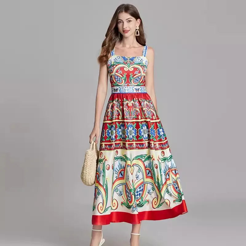 Kvinna Midi Klänning Spaghetti Band A-linje Polyester-1