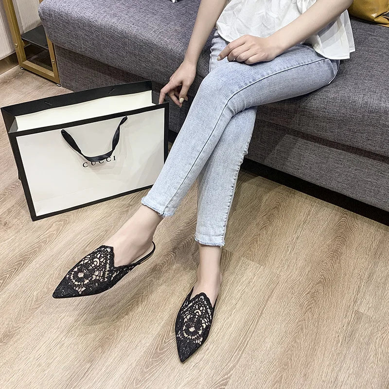 Dam Skor Mules Platta Mesh Design-5