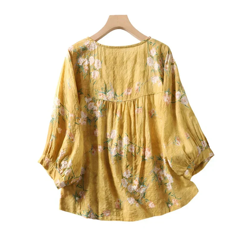 Dam Blus Av Linne Blommigt Tryck Avslappnad Passform-5