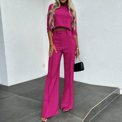 Variant image for Dam Set Kort Topp Hög Midja Bredbyxor Högkvalitativ Blandning av Tyger-1