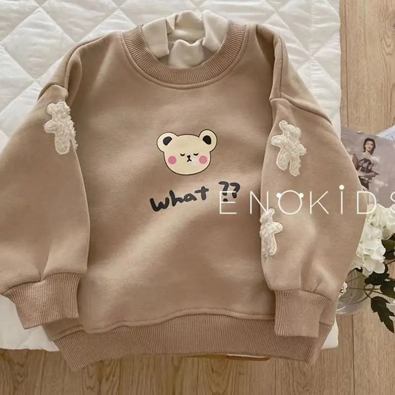 Flickors Hoodie Björntryck Mjuk Fleece-5