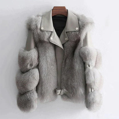 Dam Läderpälsrock Syntetiskt Material Elegant Avslappnad Passform 3