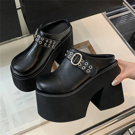 Dam Mules Fyrkantig Tå PU 8 cm Hög Klack-1