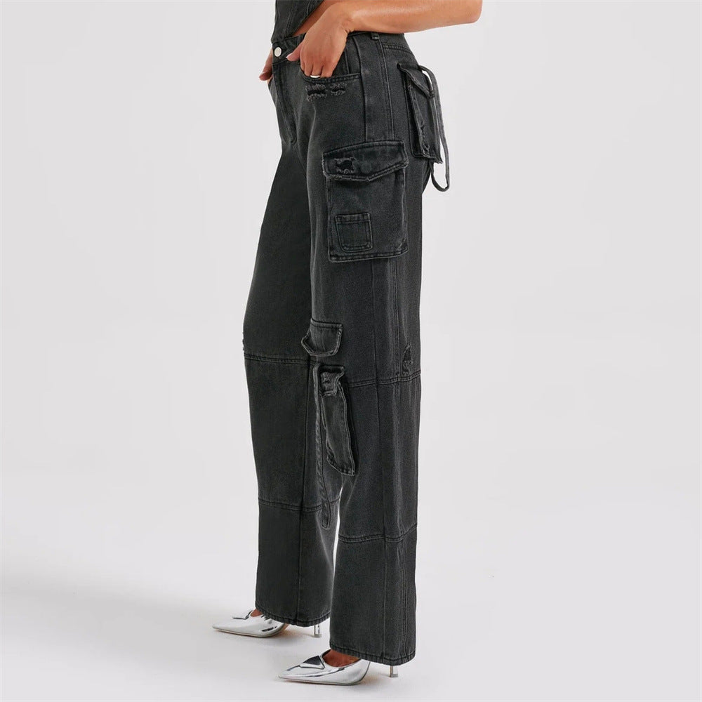 Dam Lastbyxor i Denim Avslappnad Passform med Flera Fickor-4