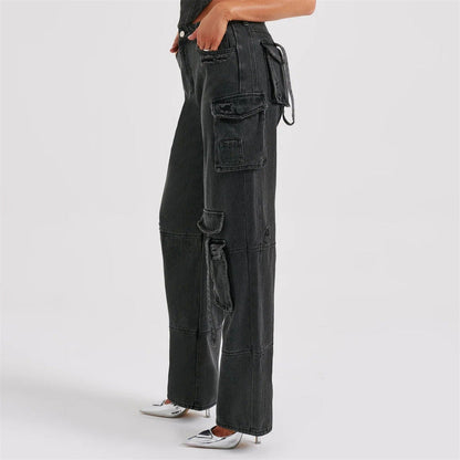 Dam Lastbyxor i Denim Avslappnad Passform med Flera Fickor-4