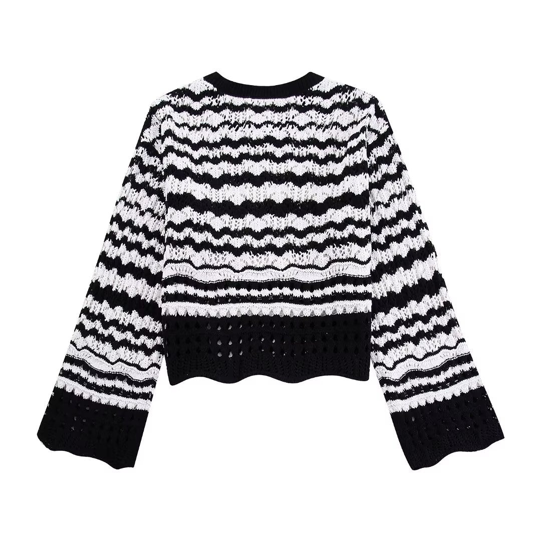 Dam Tröja Beskuren Randig med Fransdetaljer i Bomull-5