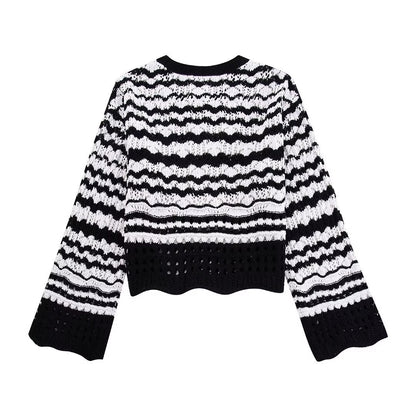 Dam Tröja Beskuren Randig med Fransdetaljer i Bomull-5