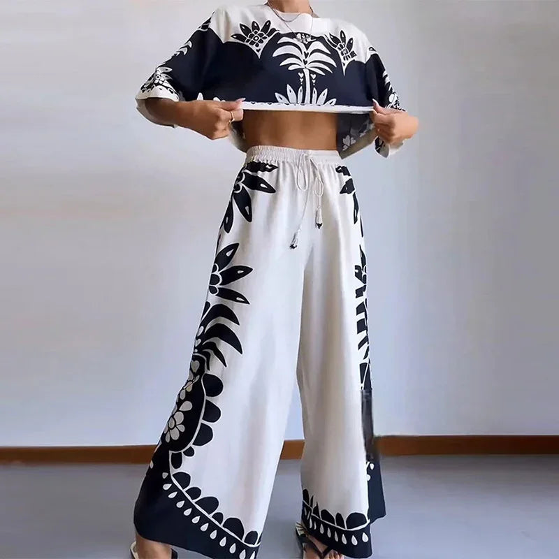 Dam Blommig Uppsättning Bredbyxor 100% Polyester-2