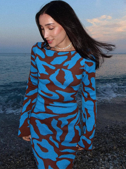 Dam Klänning Lång Stickad med Långa Ärmar Mjuk Material Elegant Silhuett-2