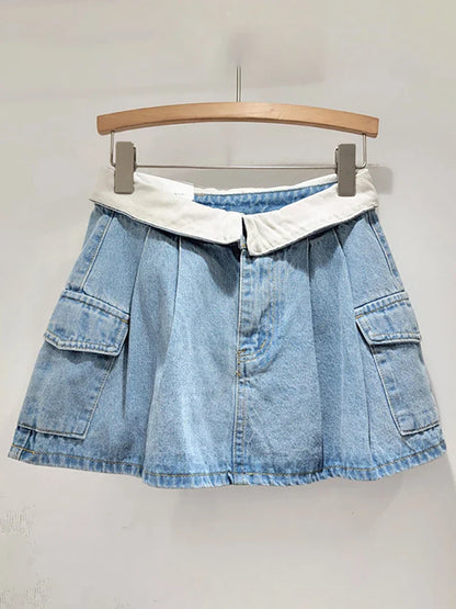 Dam A-linje Kjol Patchwork Ull med Fickor-1