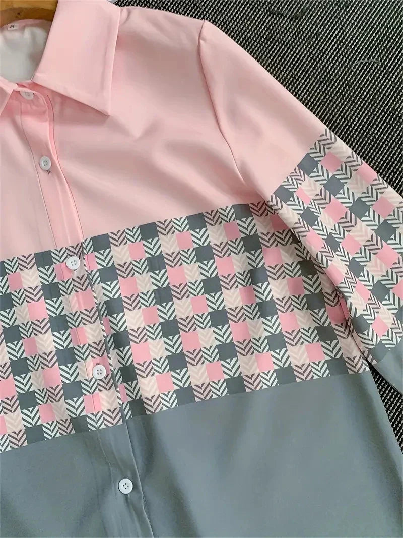 Dam Blus Färgblock Rutig Polyester-4