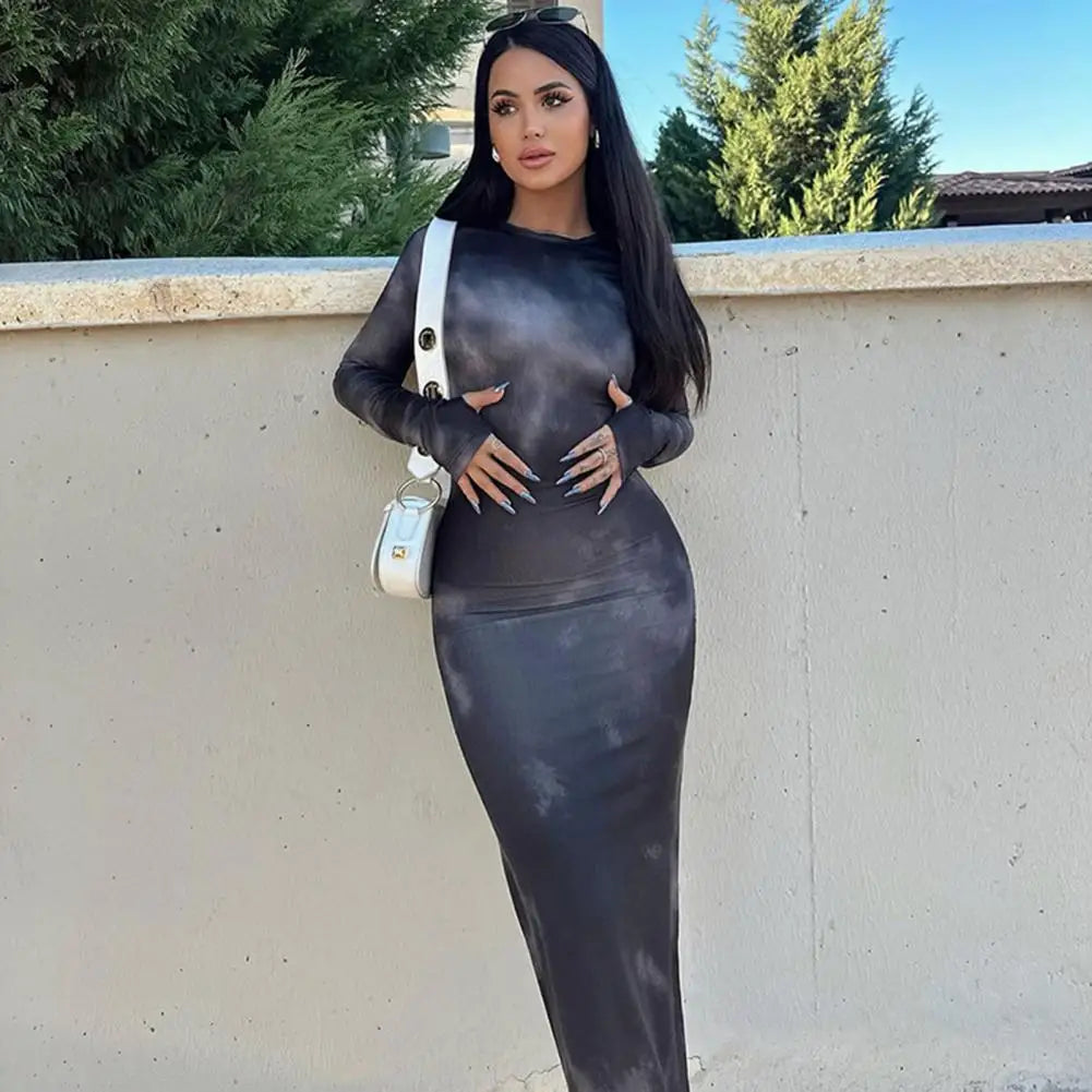 Dam Midiklänning Figurnära Batikmönster Polyester-2