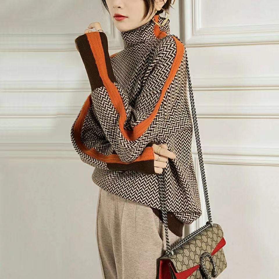 Stickad Dam Turtleneck Tröja Geometrisk Ull för Höst och Vinter-1