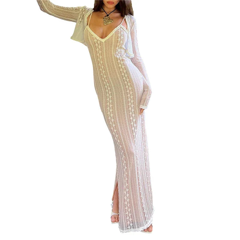 Kvinna Lång Klänning Spets Flödande Design-3