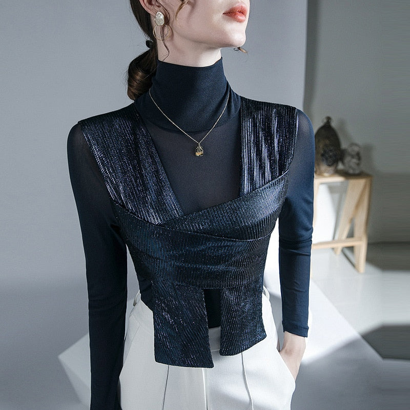 Dam Blus Halvgeometrisk Polyester Asymmetrisk Krage-3