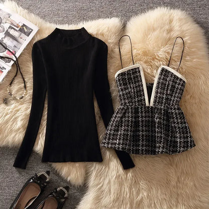 Dam Festtoppar med Pärlkrage och Rollkrage i Ull-2