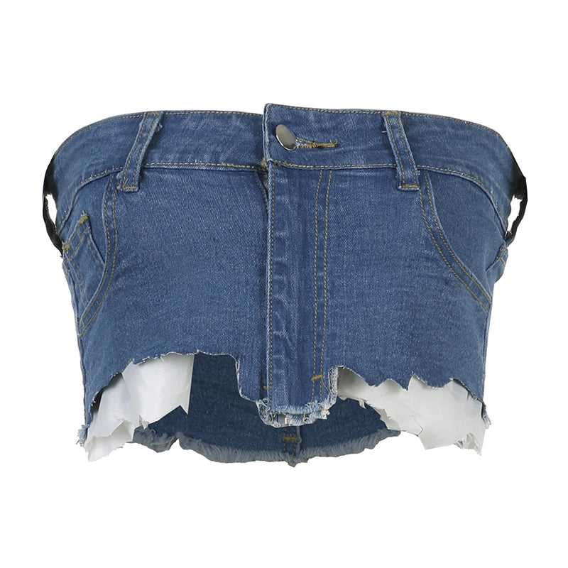 Dam Skördetopp Kort Denim Street Style-6