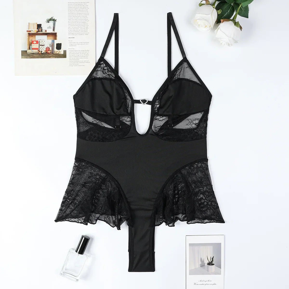 Snygga Damunderkläder Set med Spets och Polyester - Sexiga Teddies för Eleganta Tillfällen-1