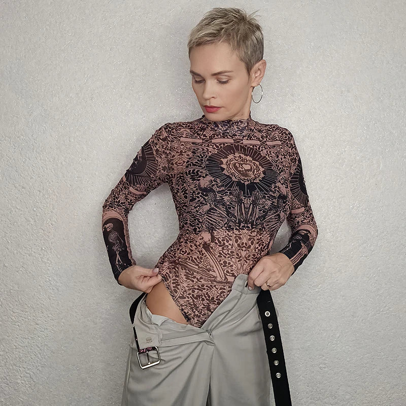 Dam Bodysuit Geometrisk Design Polyester Spandex-6