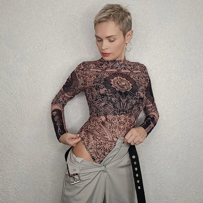 Dam Bodysuit Geometrisk Design Polyester Spandex-6