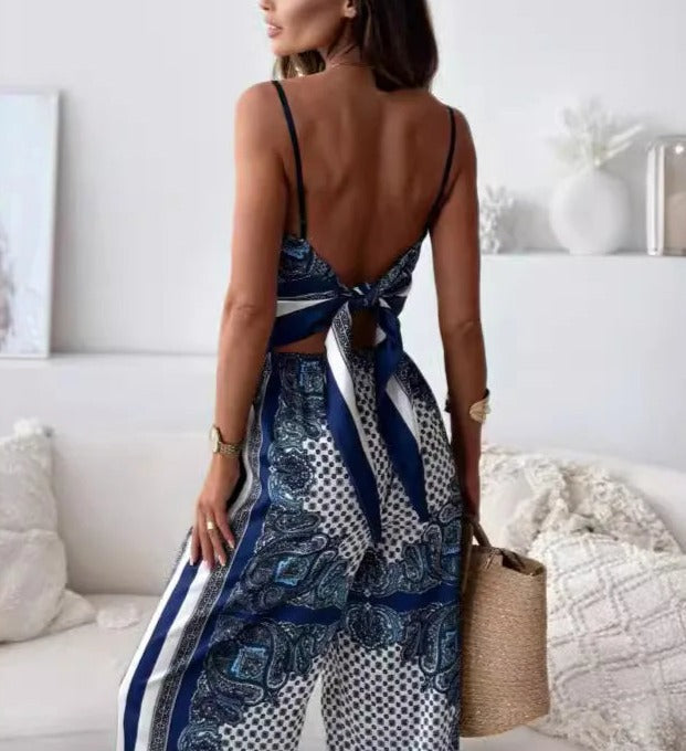 Jumpsuitklänning för Dam med Justerbara Spaghetti Bärare och Lätt Material – Avslappnat Snitt, Livligt Tryck, Perfekt för Sommar 2