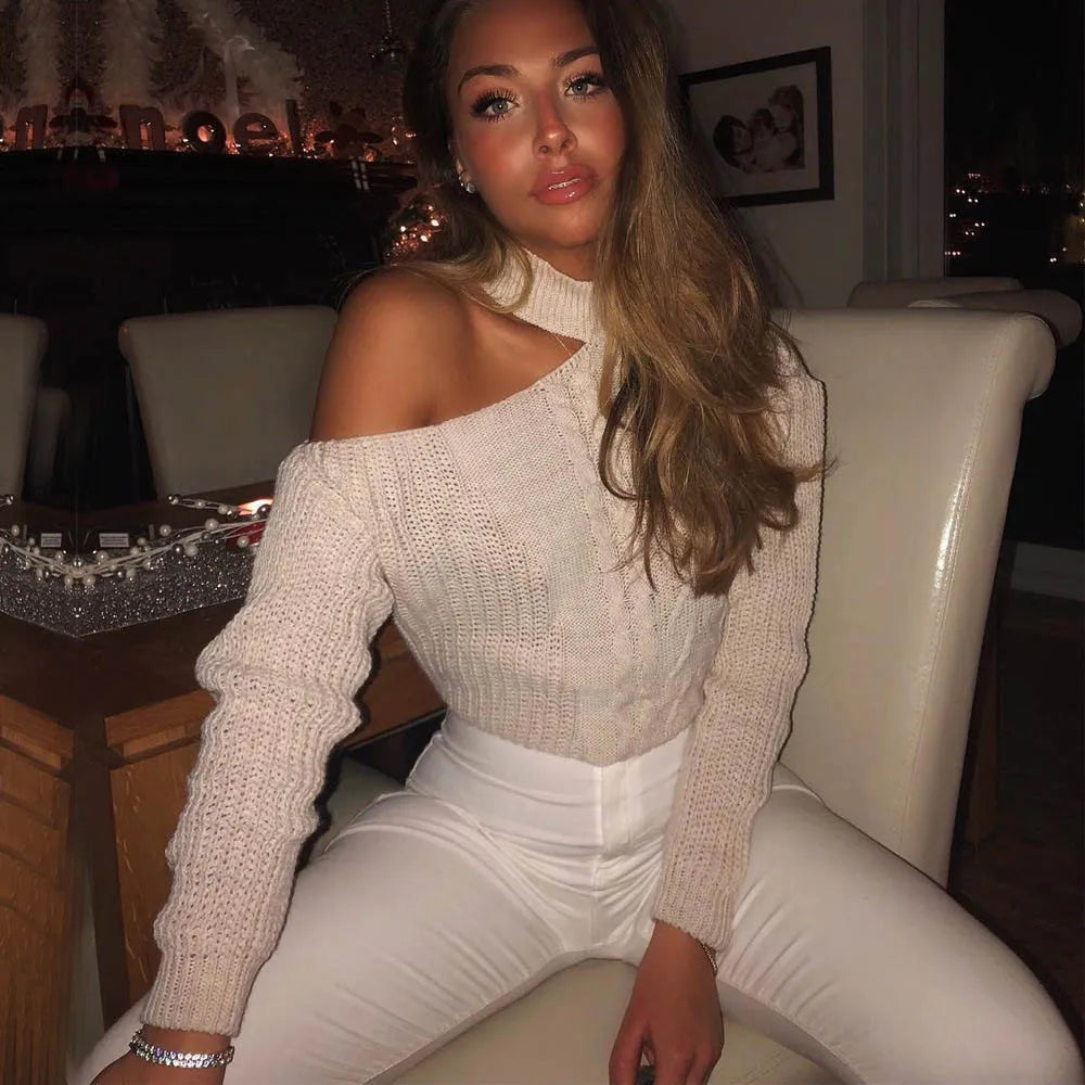 Stickad Dam Tröja Off-Shoulder Mjuk Akryl 7