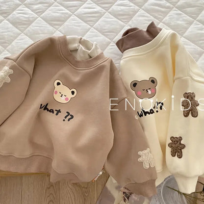 Flickors Hoodie Björntryck Mjuk Fleece-4