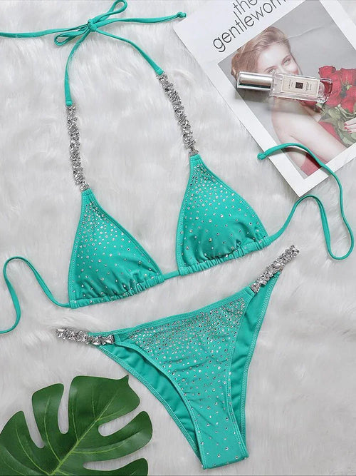 Baddräkt Dam Två Delar med Strassdetaljer Trådlös Polyester Spandex-1