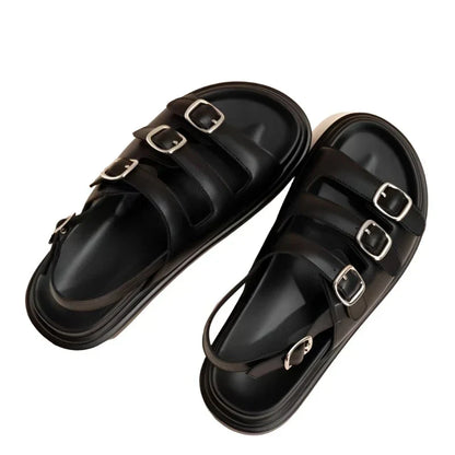 Dam Sandaler Läder med Tre Spännen och Gummisula-4