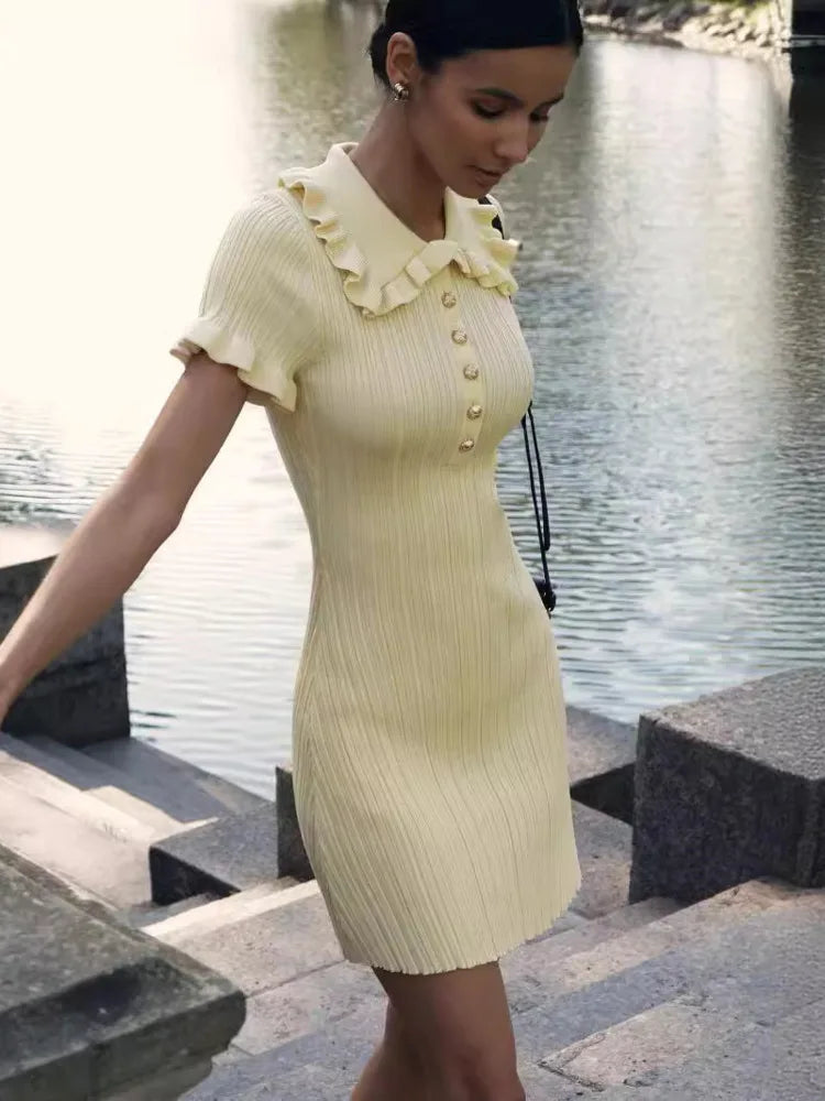 Kvinnors Miniklänning Samlad Halsringning Polyester med Knappar-2