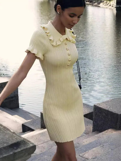 Kvinnors Miniklänning Samlad Halsringning Polyester med Knappar-2