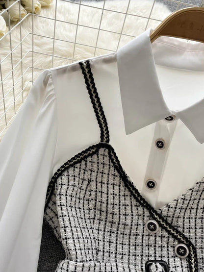 Dam Blus Patchwork Design Kort Bomull Polyester-4