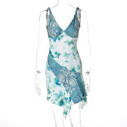 Variant image for Dam Mini Klänning V-Cut Utskrift Siden Polyester för Sommarfester och Strandutflykter-1