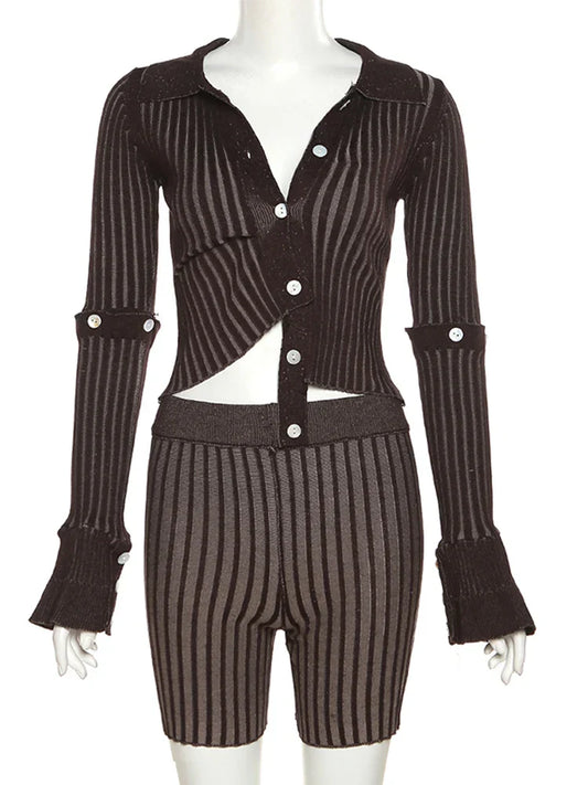 Dam Shorts Set Avslappnad Randig Bomull Polyester-1