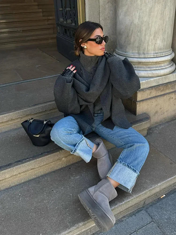 Damjacka med Sjal Krage Ullblandning Elegant Jacka för Dam-2